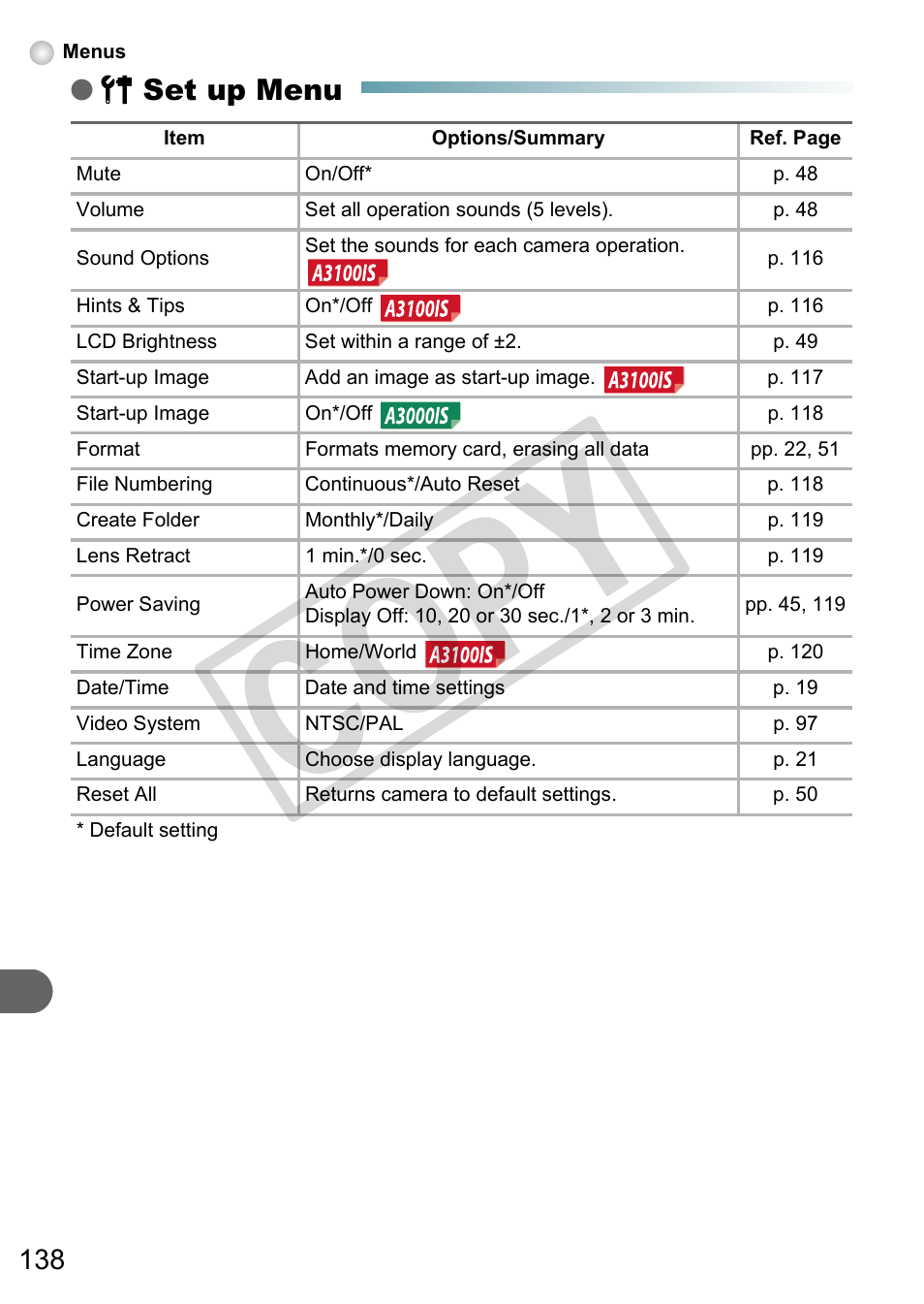 Co py, 3 set up menu | Canon A3000 IS User Manual | Page 138 / 148