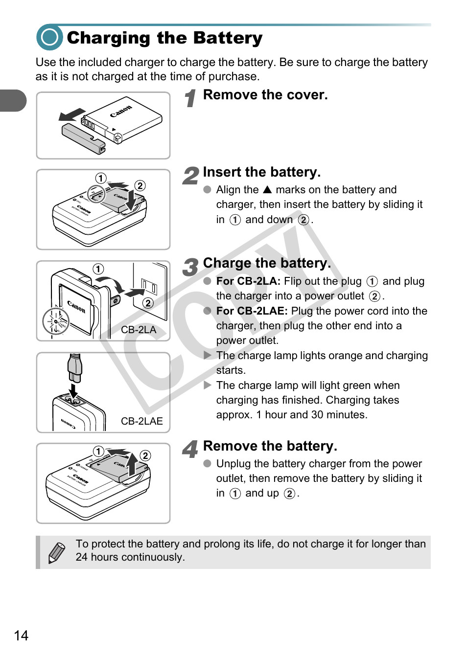 Charging the battery, Co py | Canon A3000 IS User Manual | Page 14 / 148