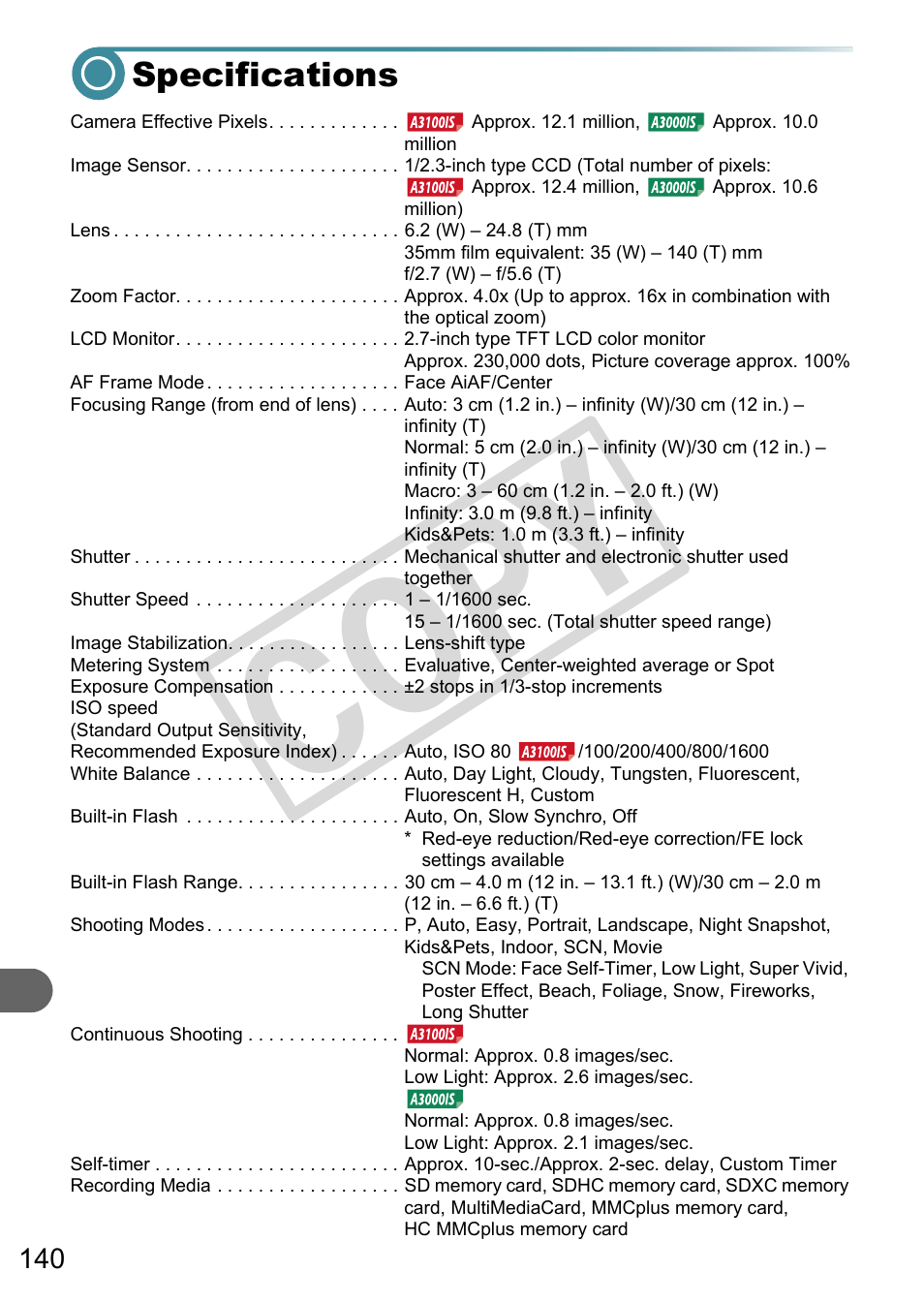 Specifications, Ance (p. 140), Co py | Canon A3000 IS User Manual | Page 140 / 148