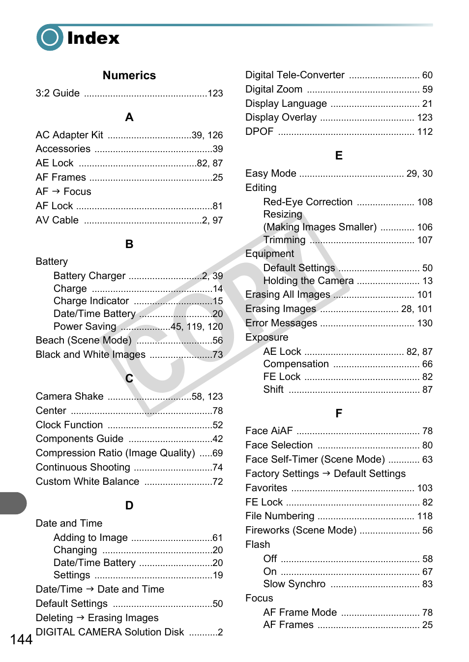 Index, C o py | Canon A3000 IS User Manual | Page 144 / 148