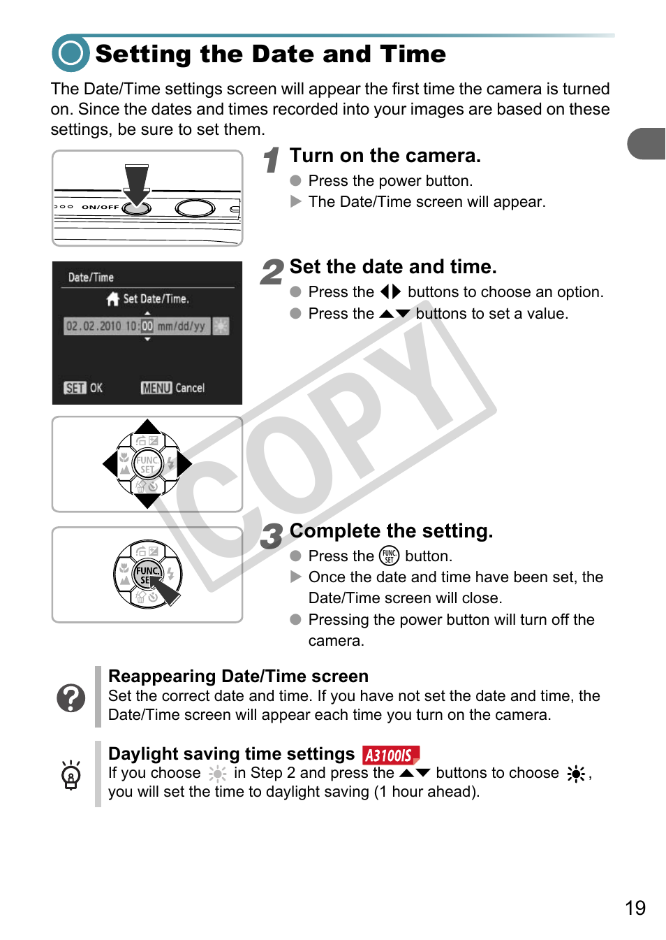 Setting the date and time, Co py | Canon A3000 IS User Manual | Page 19 / 148