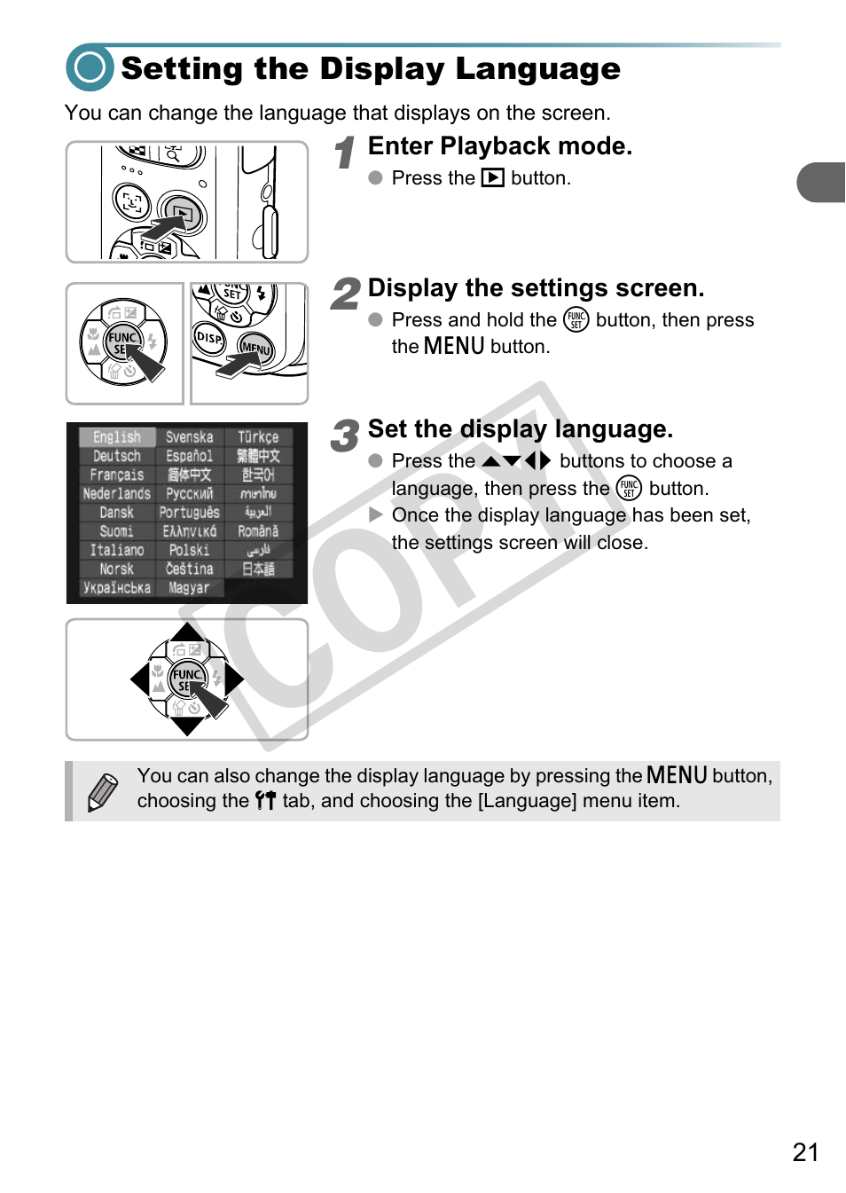 Setting the display language, Co py | Canon A3000 IS User Manual | Page 21 / 148