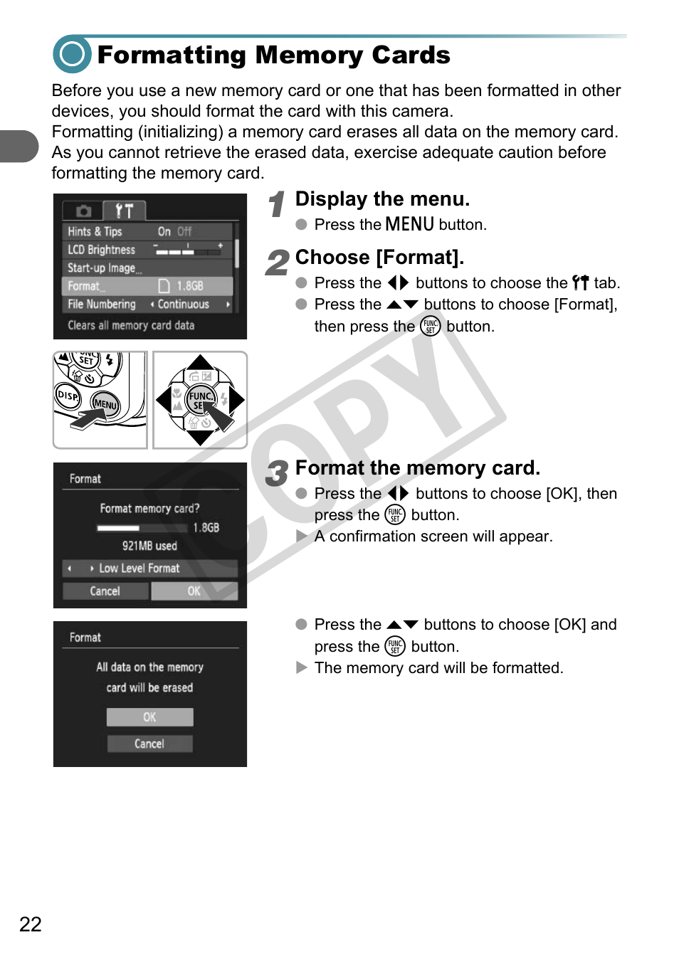 Formatting memory cards, Co py | Canon A3000 IS User Manual | Page 22 / 148