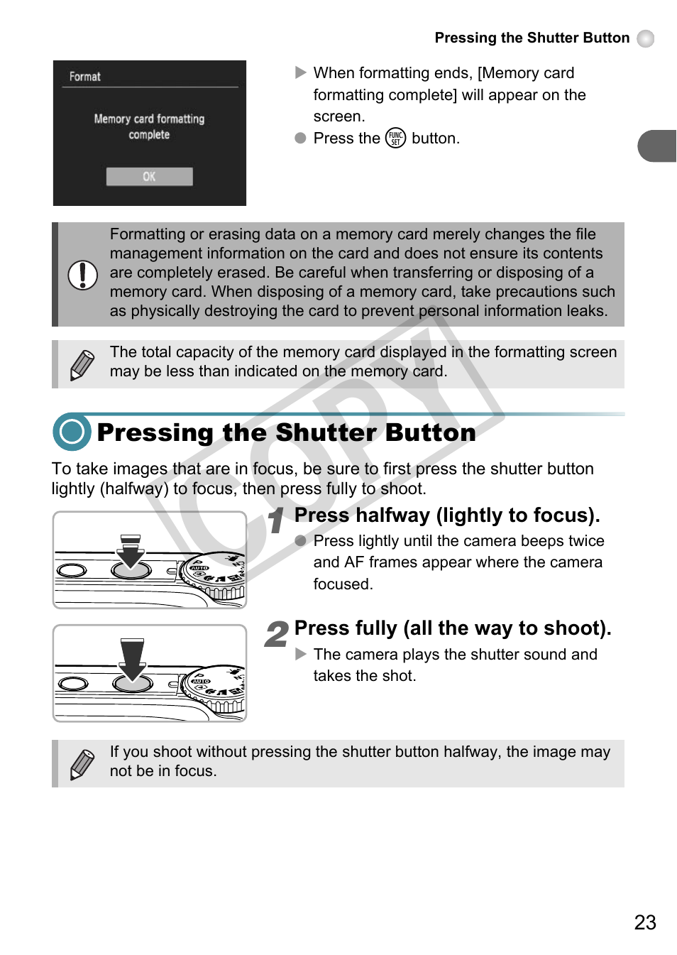 Pressing the shutter button, Co py | Canon A3000 IS User Manual | Page 23 / 148