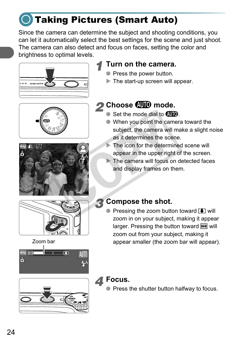 Taking pictures (smart auto), Co py | Canon A3000 IS User Manual | Page 24 / 148