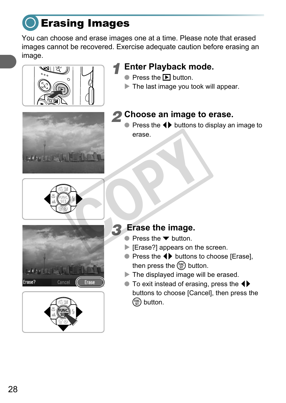 Erasing images, Co py | Canon A3000 IS User Manual | Page 28 / 148