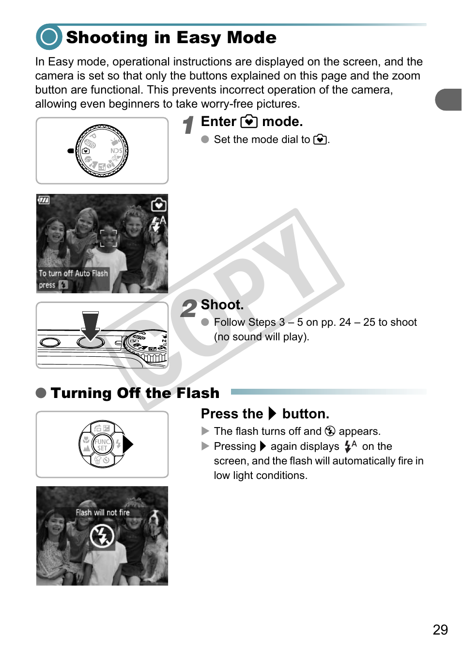 Shooting in easy mode, Co py | Canon A3000 IS User Manual | Page 29 / 148
