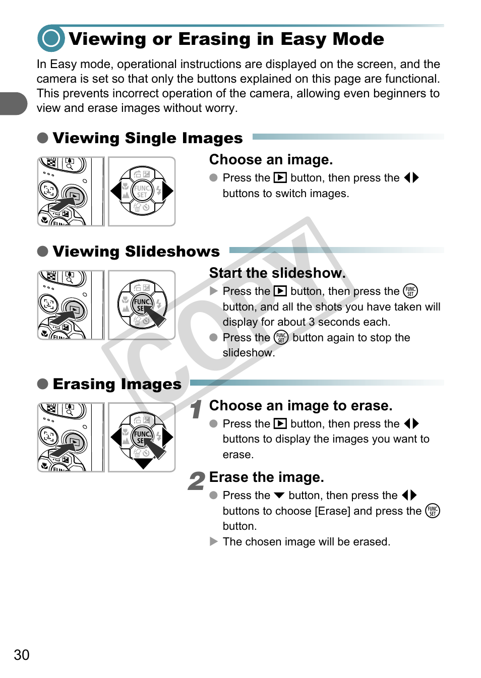 Viewing or erasing in easy mode, Co py | Canon A3000 IS User Manual | Page 30 / 148