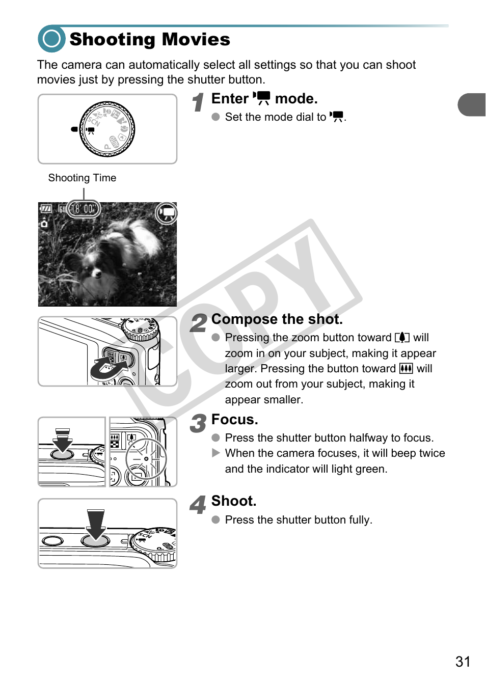 Shooting movies, Co py | Canon A3000 IS User Manual | Page 31 / 148