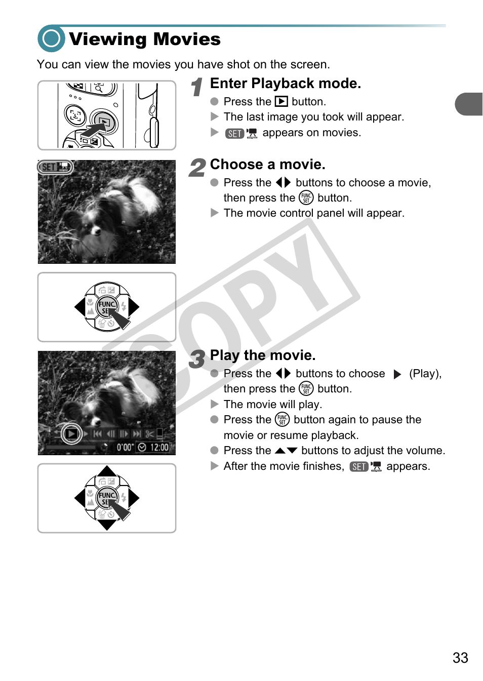 Viewing movies, Co py | Canon A3000 IS User Manual | Page 33 / 148