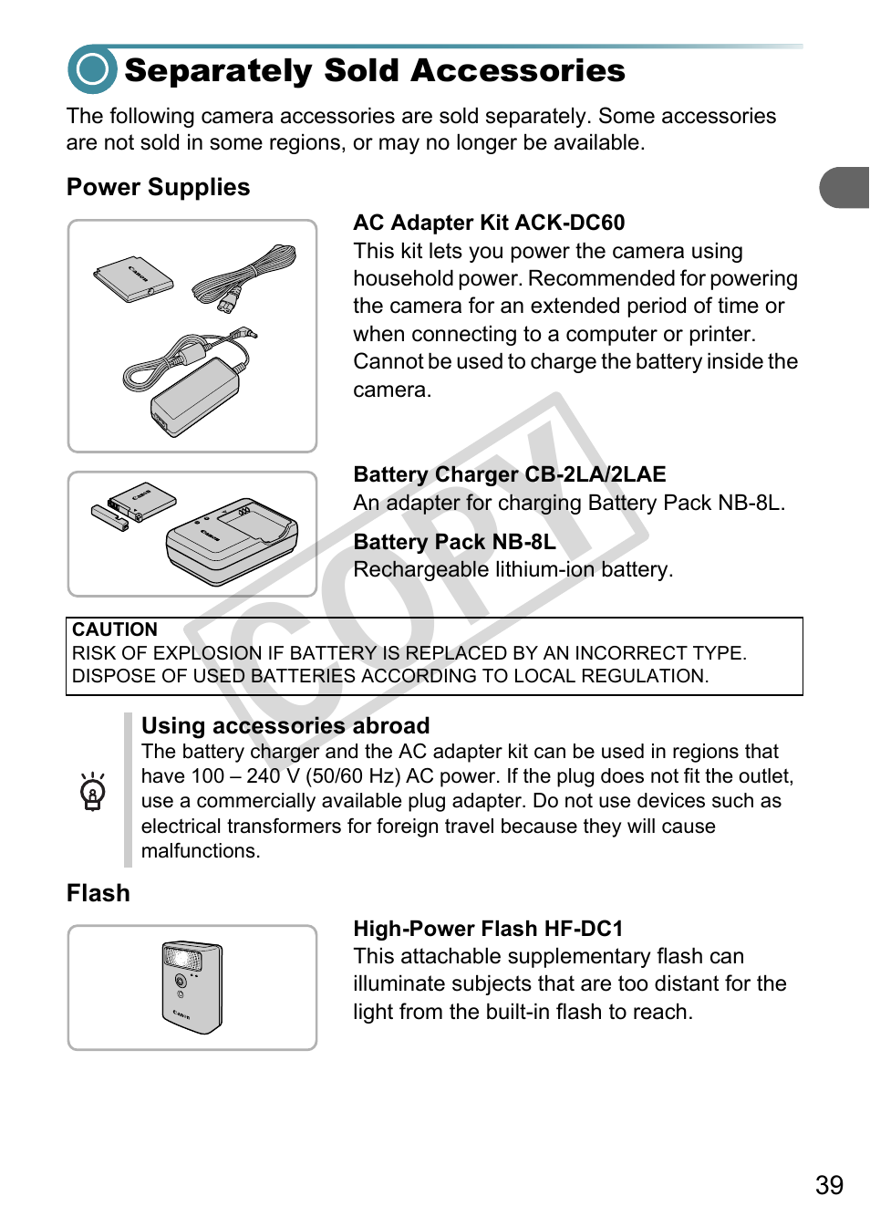 Separately sold accessories, Co py | Canon A3000 IS User Manual | Page 39 / 148