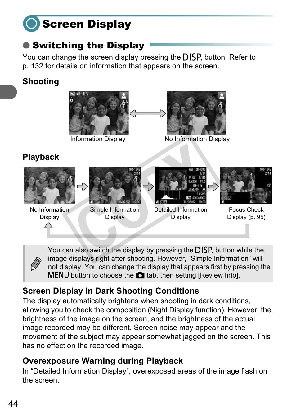 Screen display, Lcd monitor) (pp. 44, 132), P. 44, 95) | Co py | Canon A3000 IS User Manual | Page 44 / 148