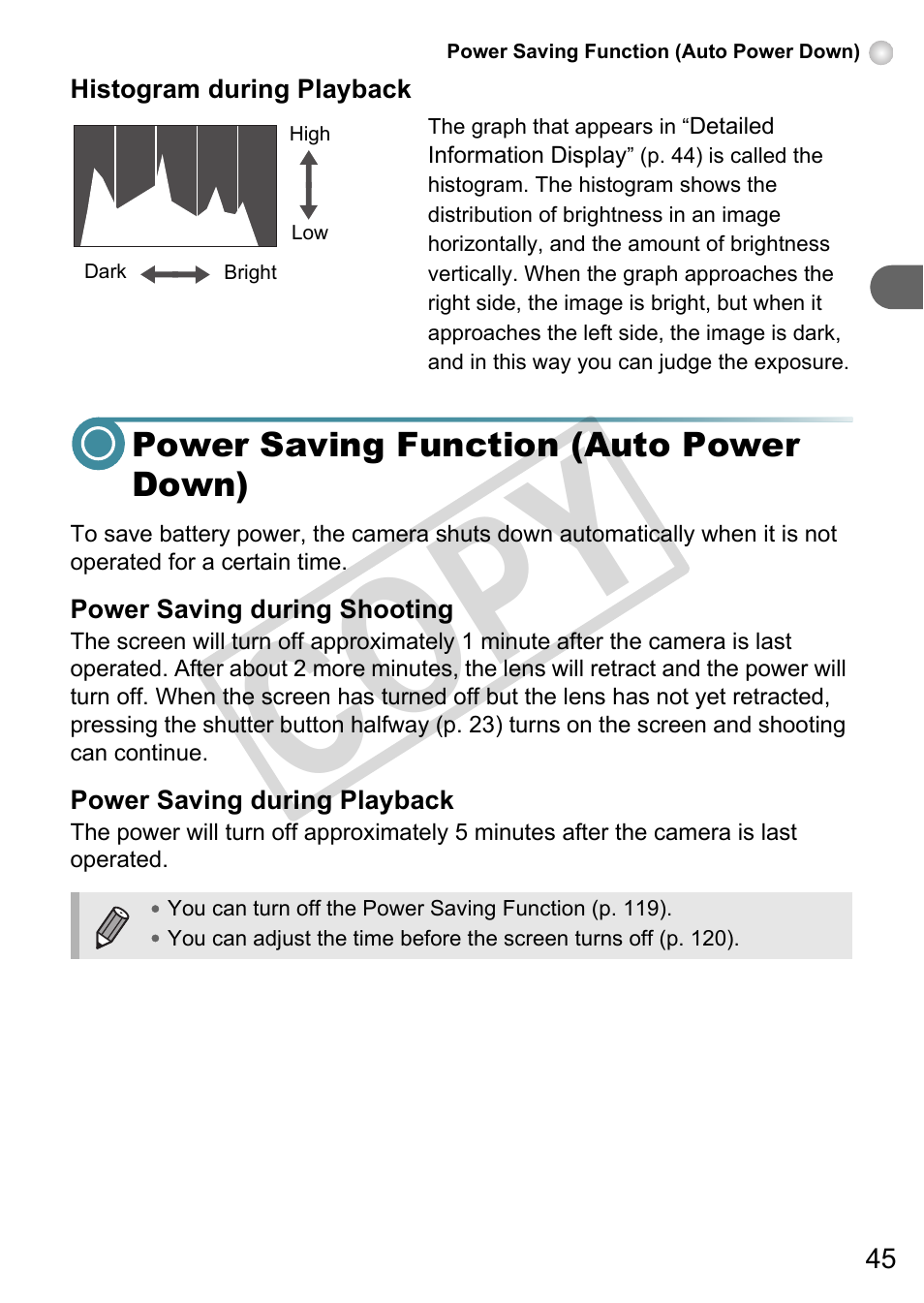 Power saving function (auto power down), Co py | Canon A3000 IS User Manual | Page 45 / 148