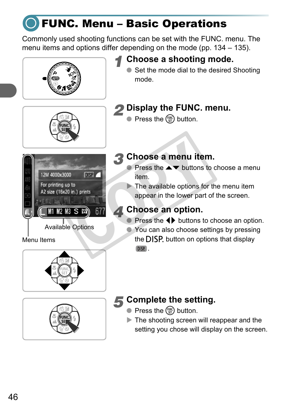 Func. menu – basic operations, P. 46), Co py | Canon A3000 IS User Manual | Page 46 / 148