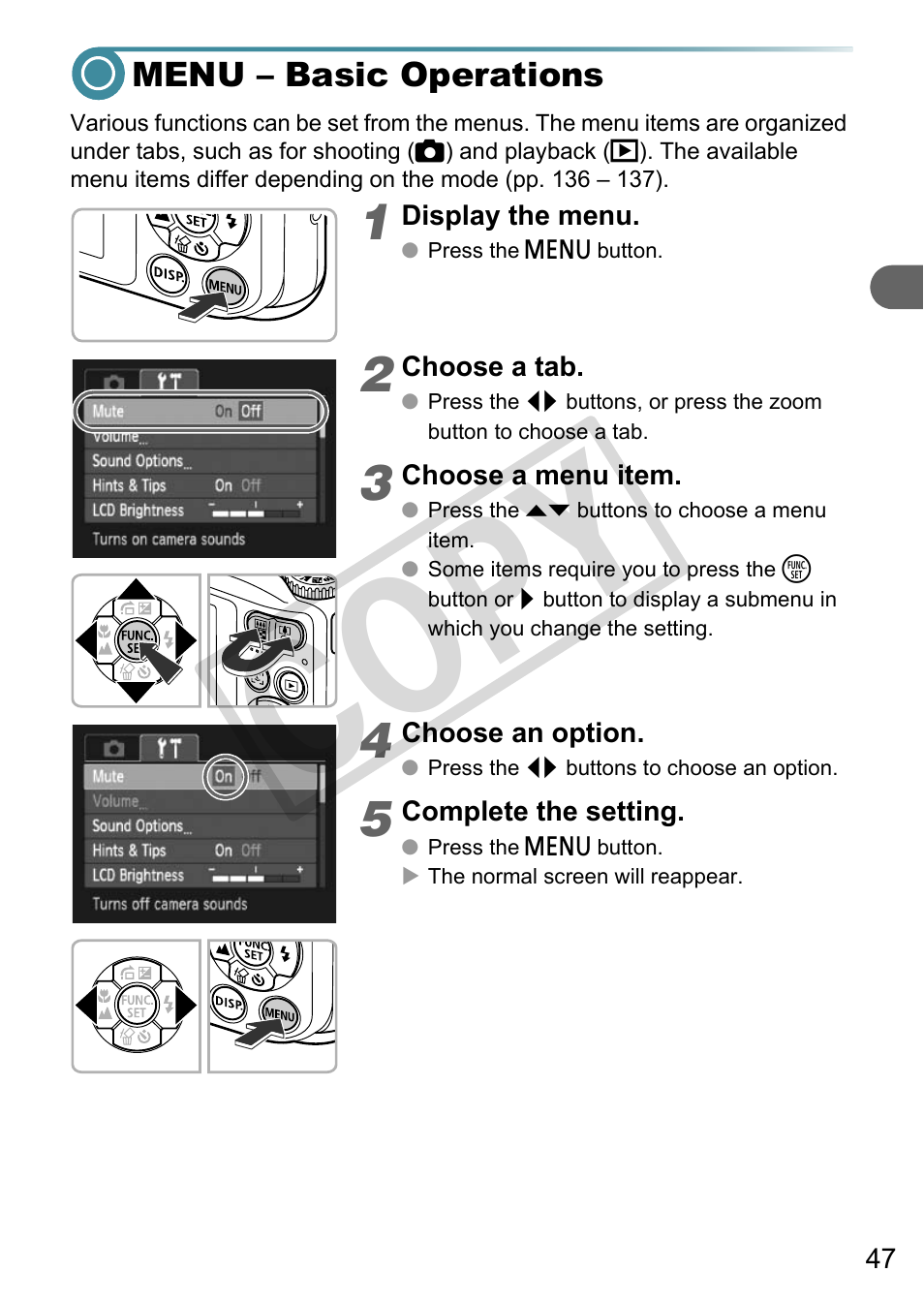 Menu – basic operations, N (p. 47), Co py | Canon A3000 IS User Manual | Page 47 / 148