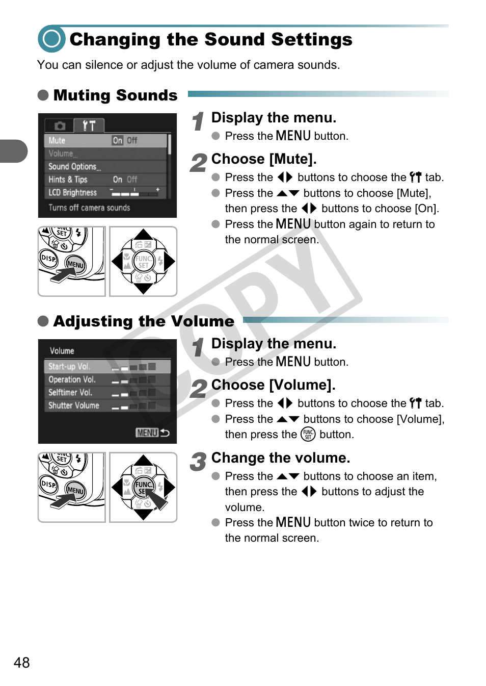 Changing the sound settings, Co py | Canon A3000 IS User Manual | Page 48 / 148