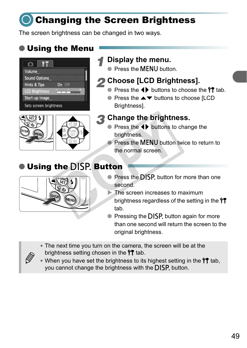 Changing the screen brightness, Co py | Canon A3000 IS User Manual | Page 49 / 148