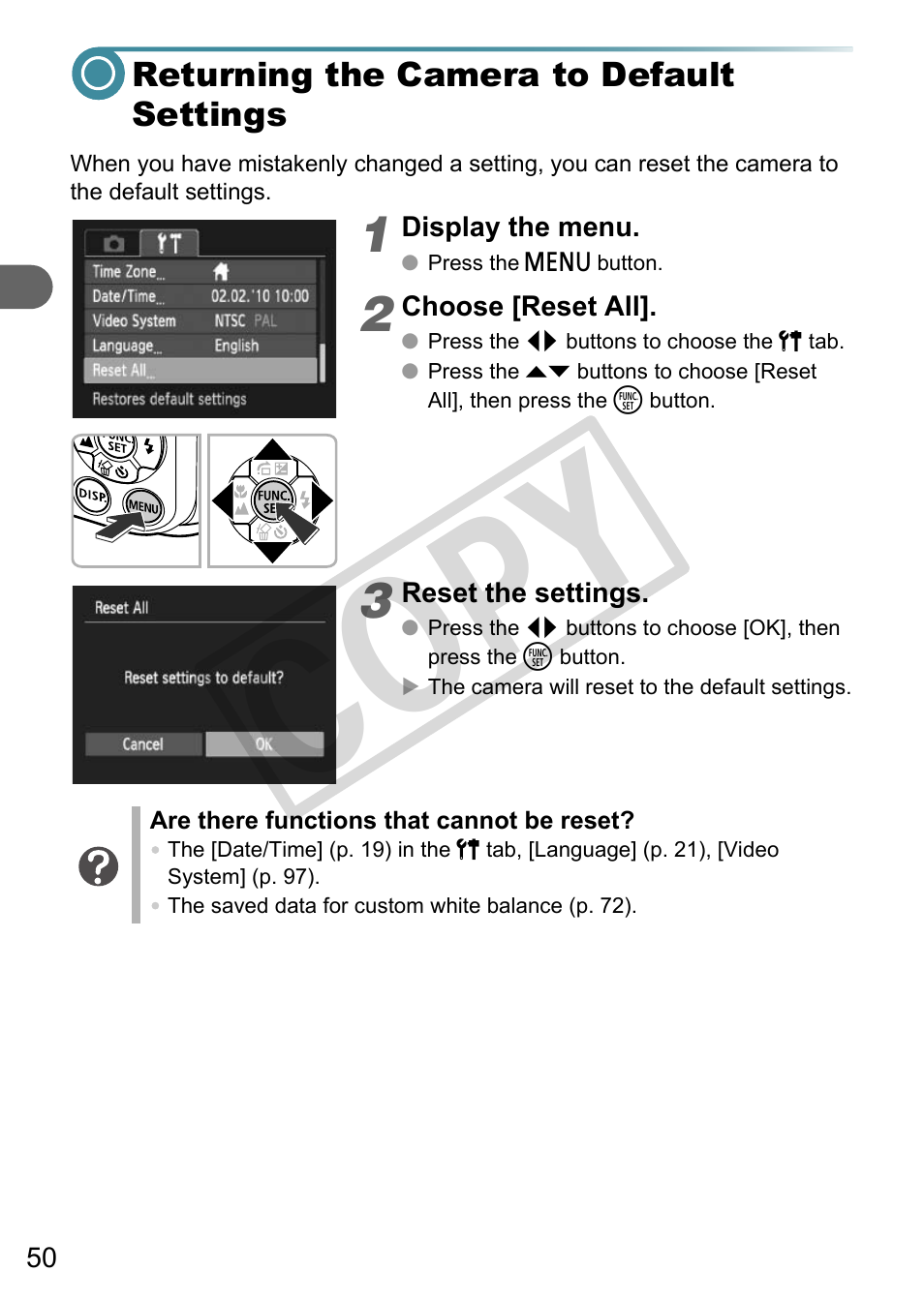 Returning the camera to default settings, Co py | Canon A3000 IS User Manual | Page 50 / 148