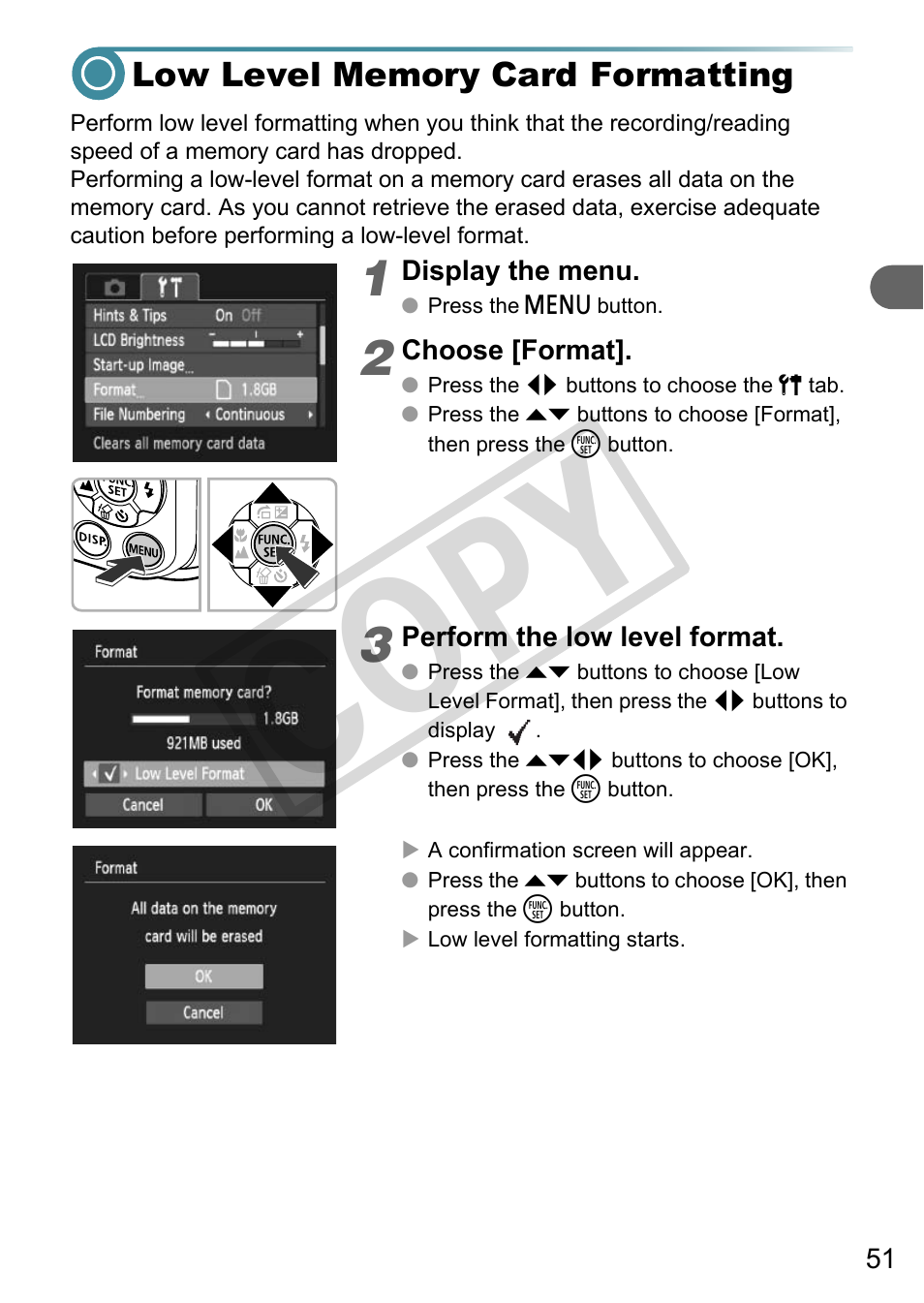 Low level memory card formatting, Co py | Canon A3000 IS User Manual | Page 51 / 148