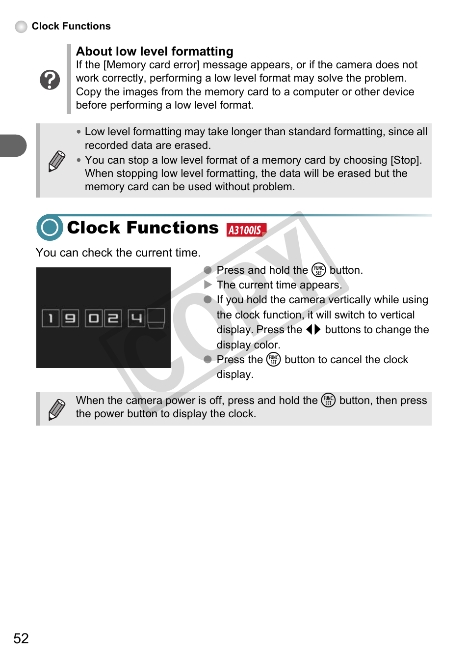 Clock functions, Co py | Canon A3000 IS User Manual | Page 52 / 148