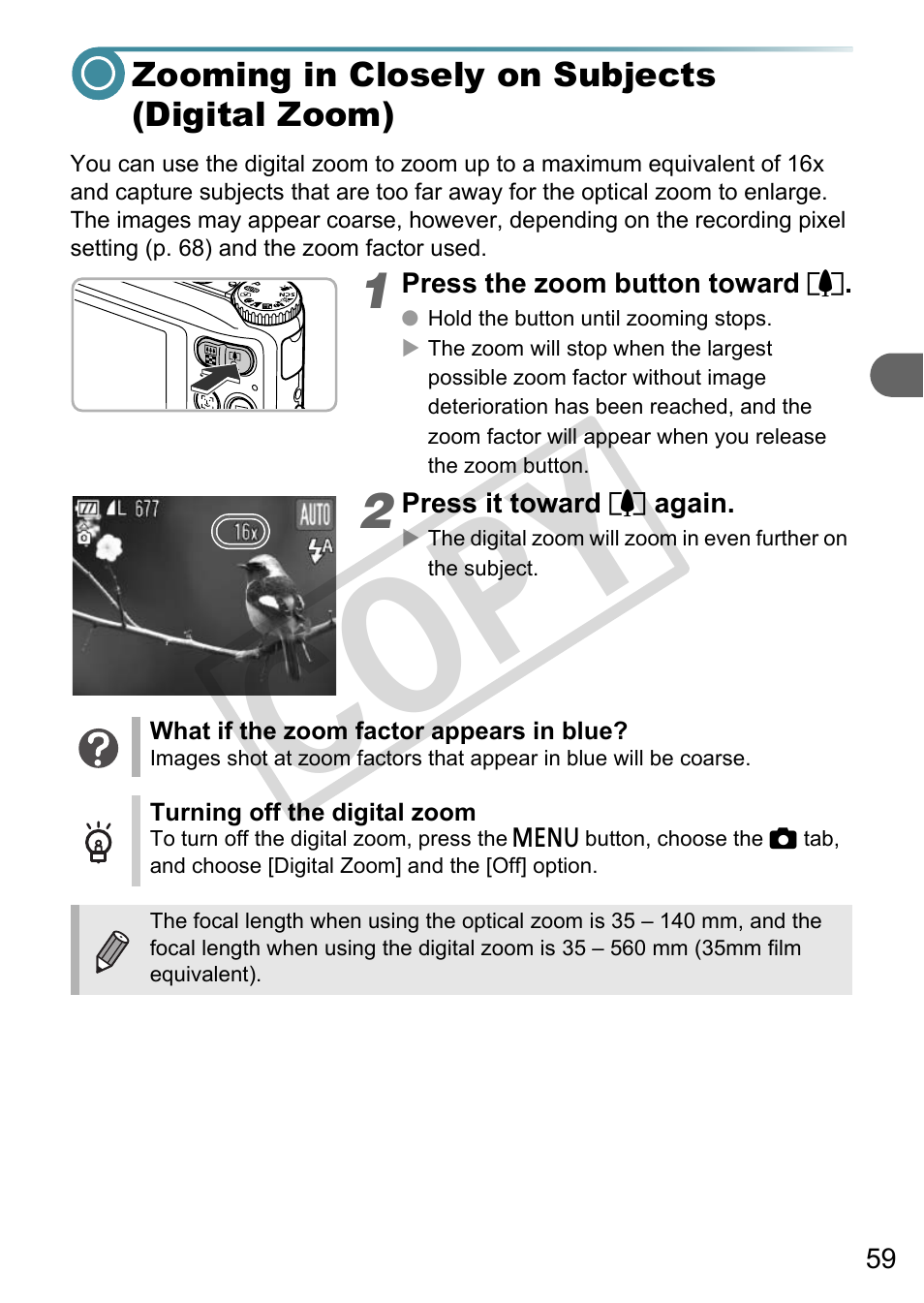 Zooming in closely on subjects (digital zoom), Co py | Canon A3000 IS User Manual | Page 59 / 148