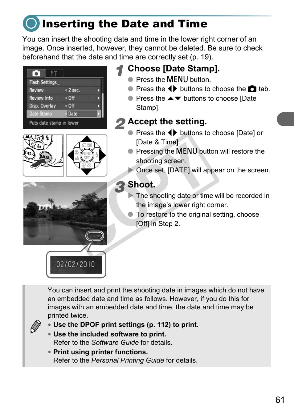Inserting the date and time, Co py | Canon A3000 IS User Manual | Page 61 / 148