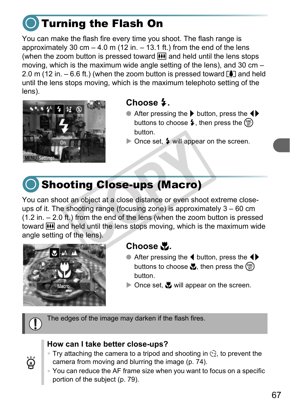 Turning the flash on shooting close-ups (macro), Macro) (p. 67), P. 67) | Co py | Canon A3000 IS User Manual | Page 67 / 148