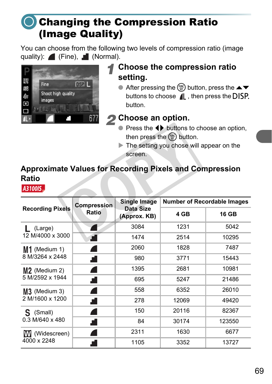 Changing the compression ratio (image quality), Co py | Canon A3000 IS User Manual | Page 69 / 148