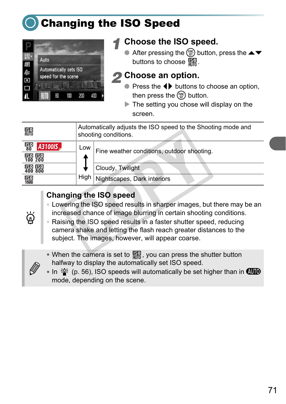 Changing the iso speed, O speed (p. 71), Co py | Canon A3000 IS User Manual | Page 71 / 148