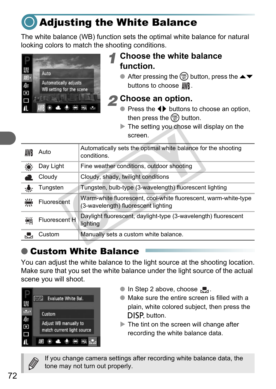 Adjusting the white balance, Lance (p. 72), Co py | Canon A3000 IS User Manual | Page 72 / 148