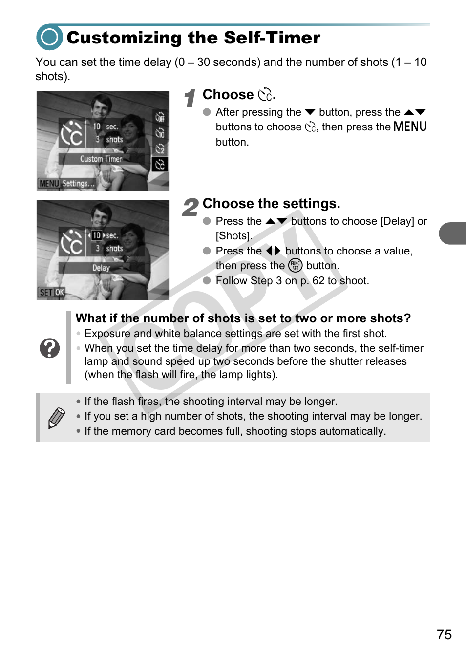 Customizing the self-timer, Co p y | Canon A3000 IS User Manual | Page 75 / 148