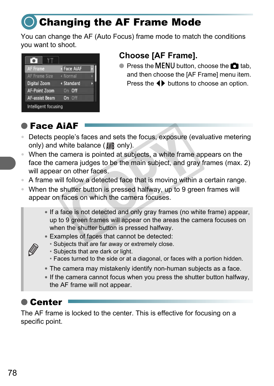 Changing the af frame mode, Co py | Canon A3000 IS User Manual | Page 78 / 148