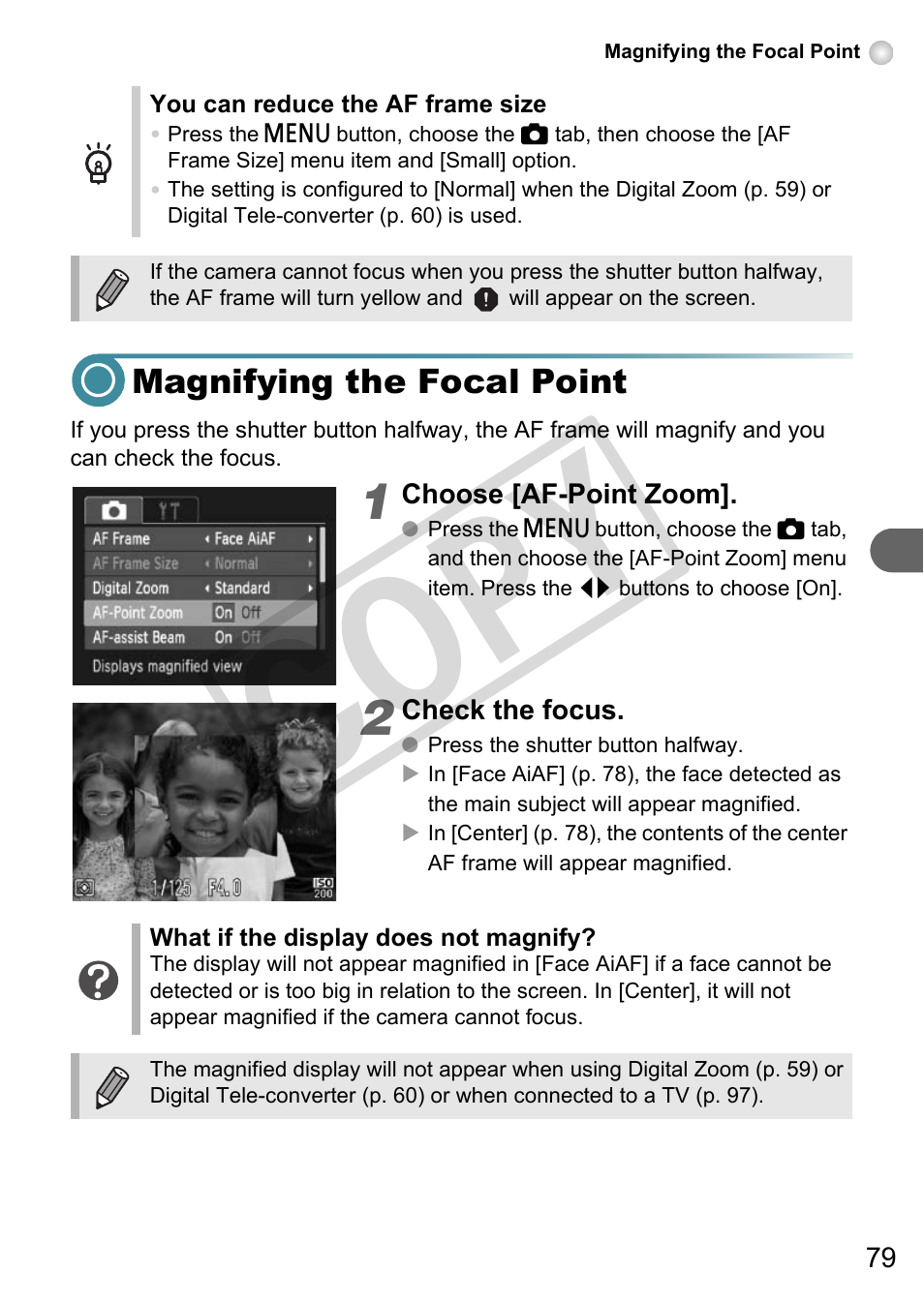 Magnifying the focal point, Co py | Canon A3000 IS User Manual | Page 79 / 148