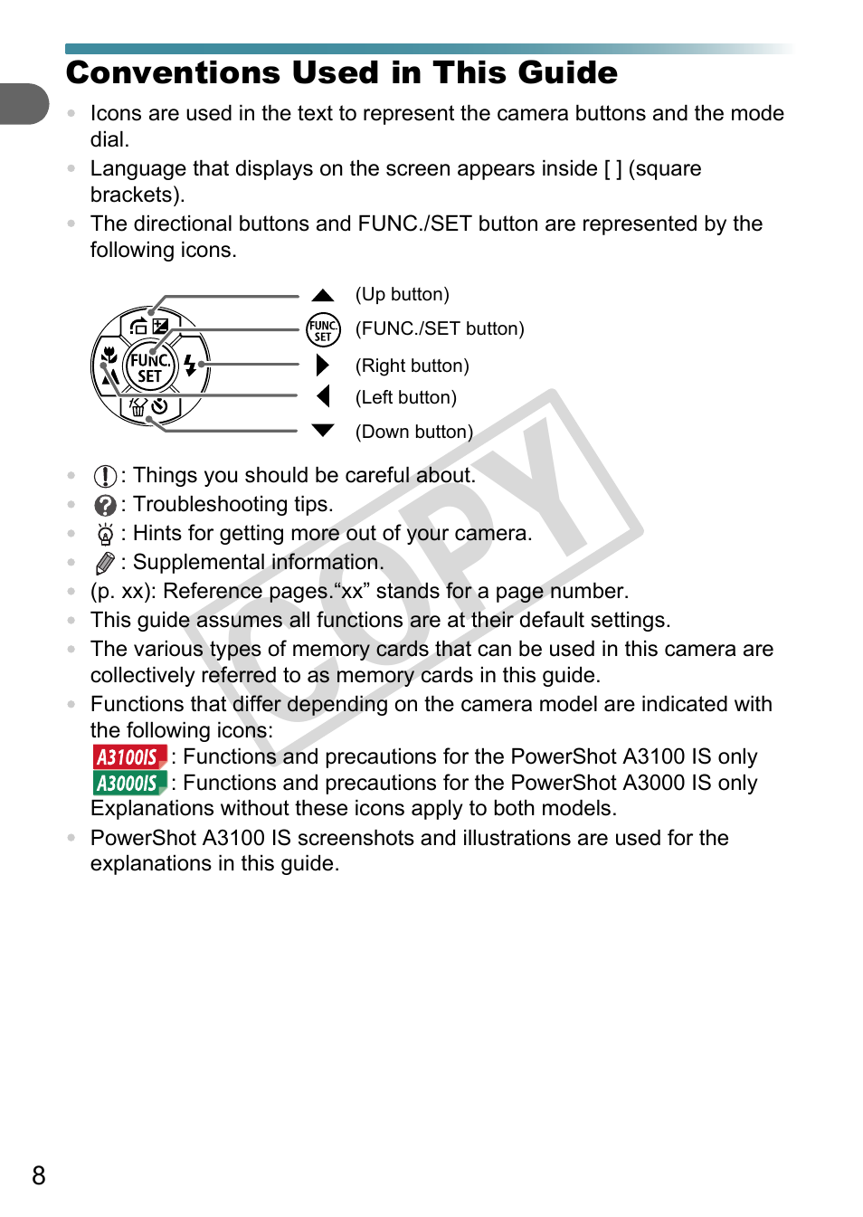 Conventions used in this guide, Co py | Canon A3000 IS User Manual | Page 8 / 148