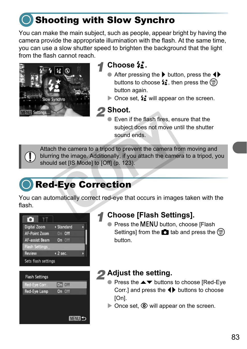Shooting with slow synchro red-eye correction, Co p y | Canon A3000 IS User Manual | Page 83 / 148