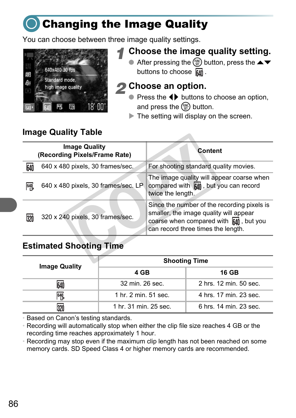 Changing the image quality, Co py | Canon A3000 IS User Manual | Page 86 / 148