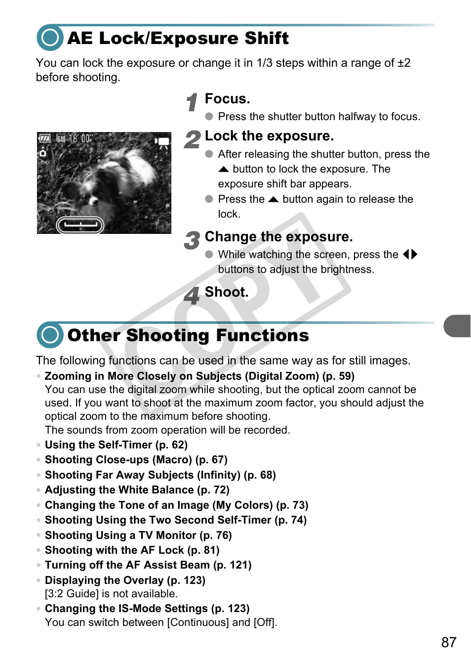 Ae lock/exposure shift other shooting functions, Co py | Canon A3000 IS User Manual | Page 87 / 148