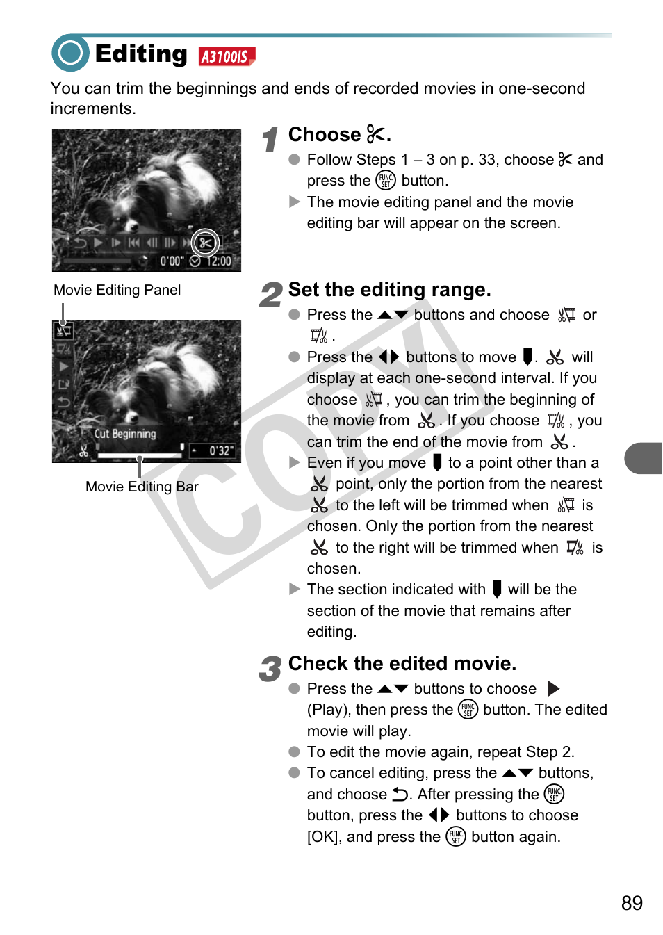 Editing, Edit (p. 89), Co py | Canon A3000 IS User Manual | Page 89 / 148