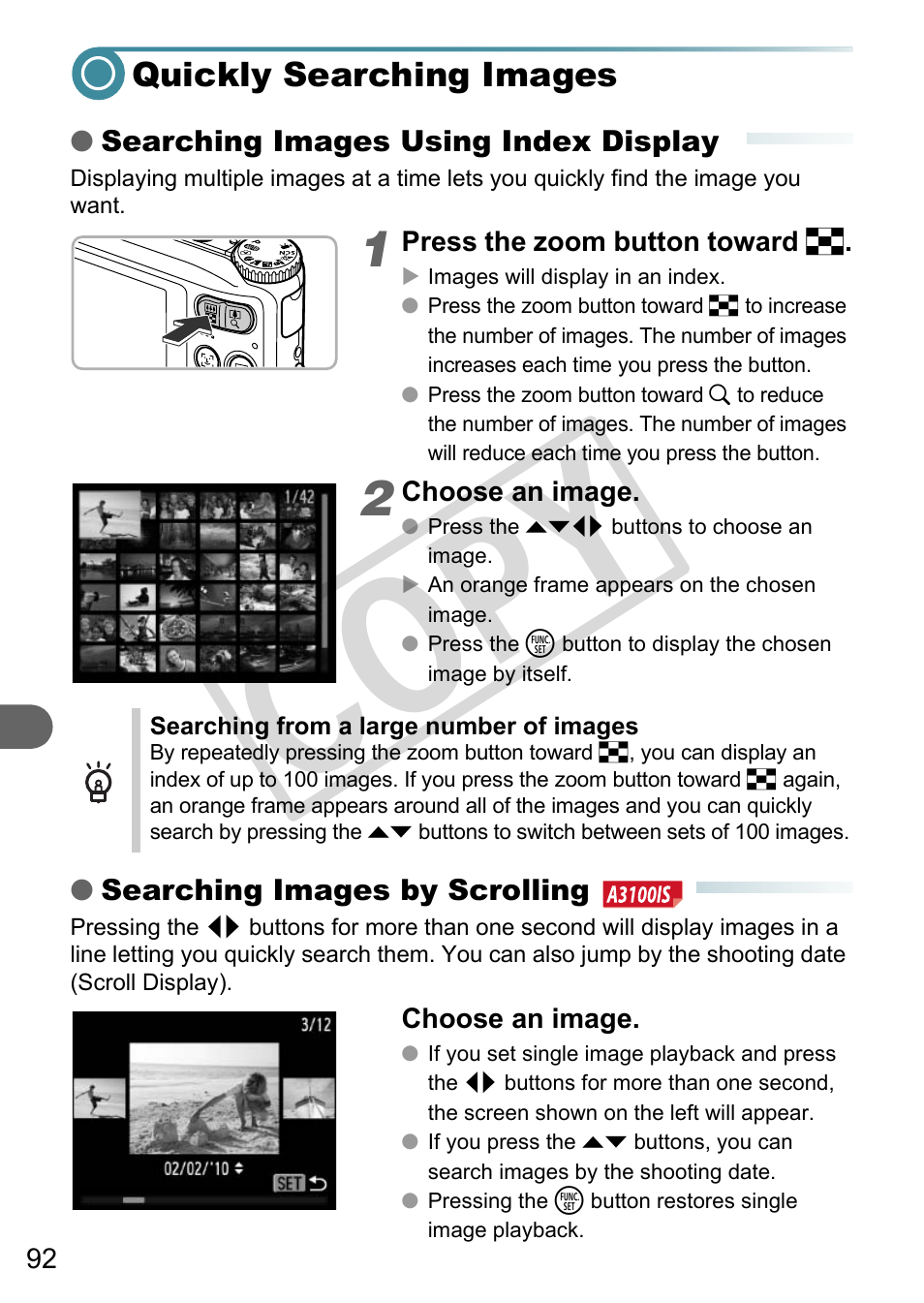 Quickly searching images, Dex) (p. 92), P. 92) | Co py | Canon A3000 IS User Manual | Page 92 / 148