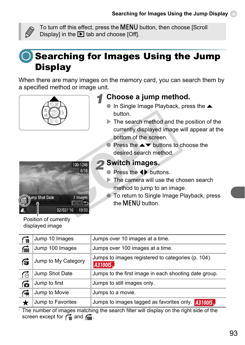 Searching for images using the jump display, Jump) (p. 93), Ay (p. 93) | Co py | Canon A3000 IS User Manual | Page 93 / 148