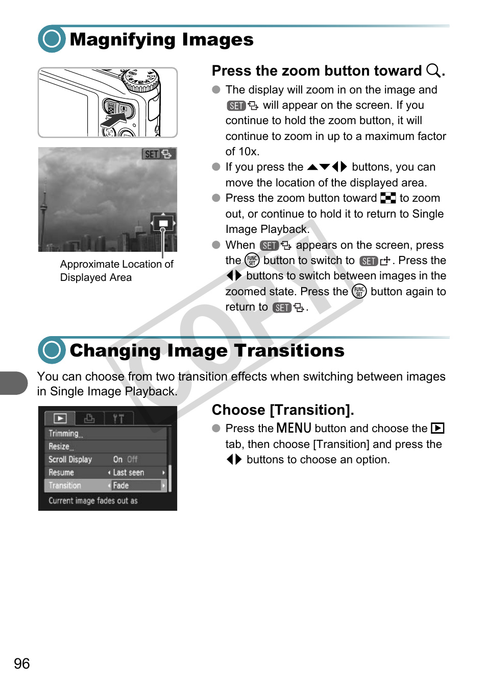 Magnifying images changing image transitions, Y) (p. 96), P. 96) | Co py | Canon A3000 IS User Manual | Page 96 / 148