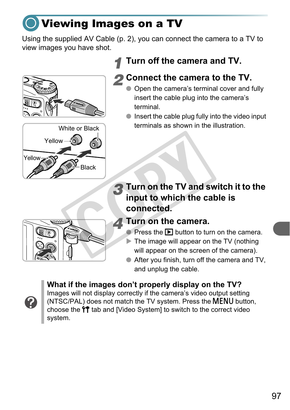 Viewing images on a tv, P. 97), Ed to a tv (p. 97) | Co py | Canon A3000 IS User Manual | Page 97 / 148