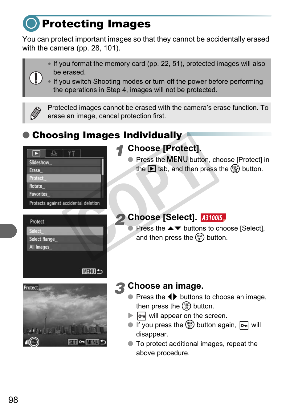Protecting images, P. 98), Co py | Canon A3000 IS User Manual | Page 98 / 148