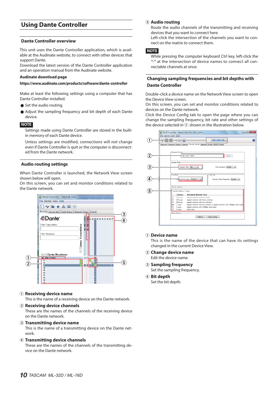 Using dante controller, Dante controller overview, Audio routing settings | Tascam ML-32D Dante / Analog Converter User Manual | Page 10 / 72