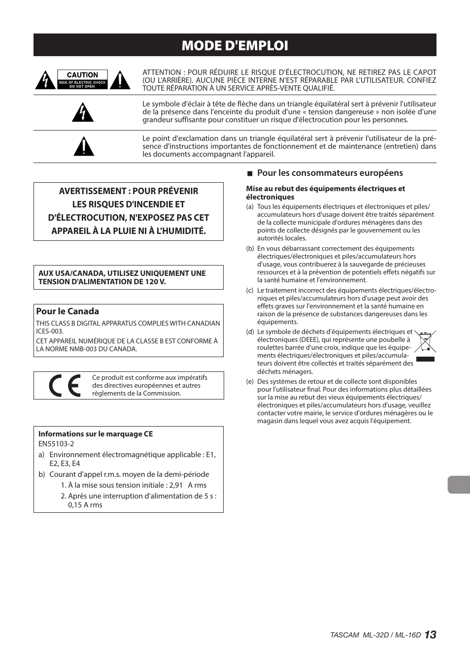 Mode d'emploi, Pour le canada, Pour les consommateurs européens | Tascam ML-32D Dante / Analog Converter User Manual | Page 13 / 72