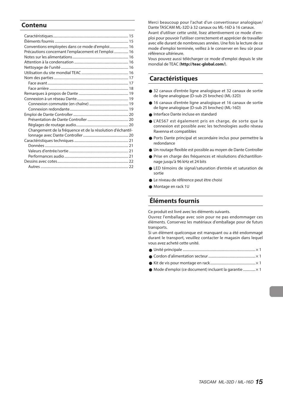 Caractéristiques, Éléments fournis, 15 contenu | Tascam ML-32D Dante / Analog Converter User Manual | Page 15 / 72