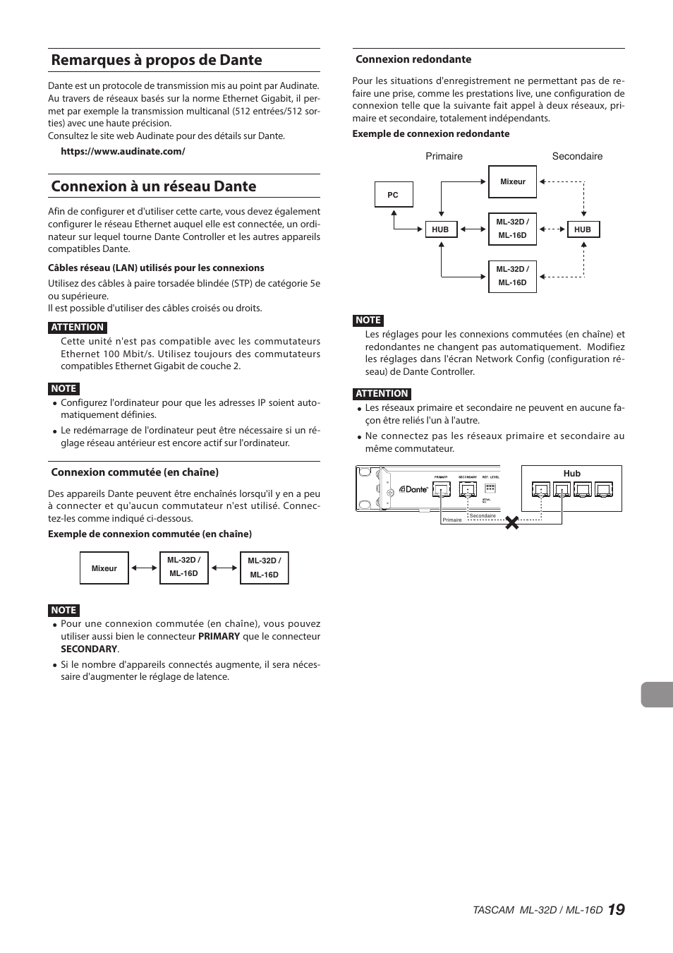 Remarques à propos de dante, Connexion à un réseau dante, Connexion commutée (en chaîne) | Connexion redondante, 19 remarques à propos de dante | Tascam ML-32D Dante / Analog Converter User Manual | Page 19 / 72