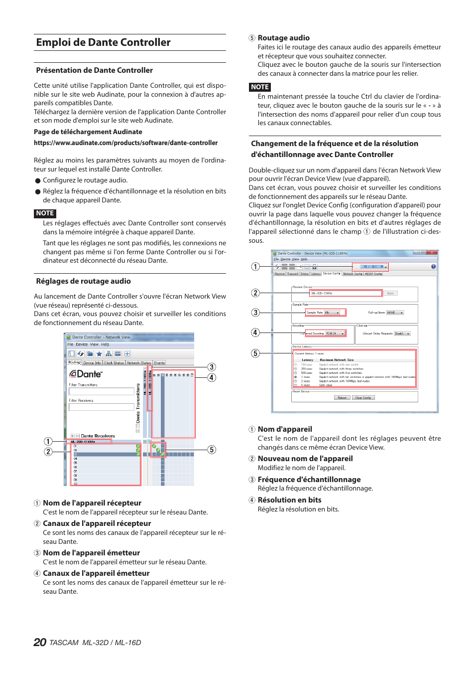 Emploi de dante controller, Présentation de dante controller, Réglages de routage audio | Tascam ML-32D Dante / Analog Converter User Manual | Page 20 / 72