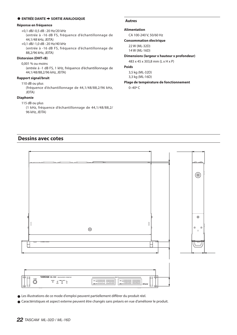 Dessins avec cotes, Autres | Tascam ML-32D Dante / Analog Converter User Manual | Page 22 / 72