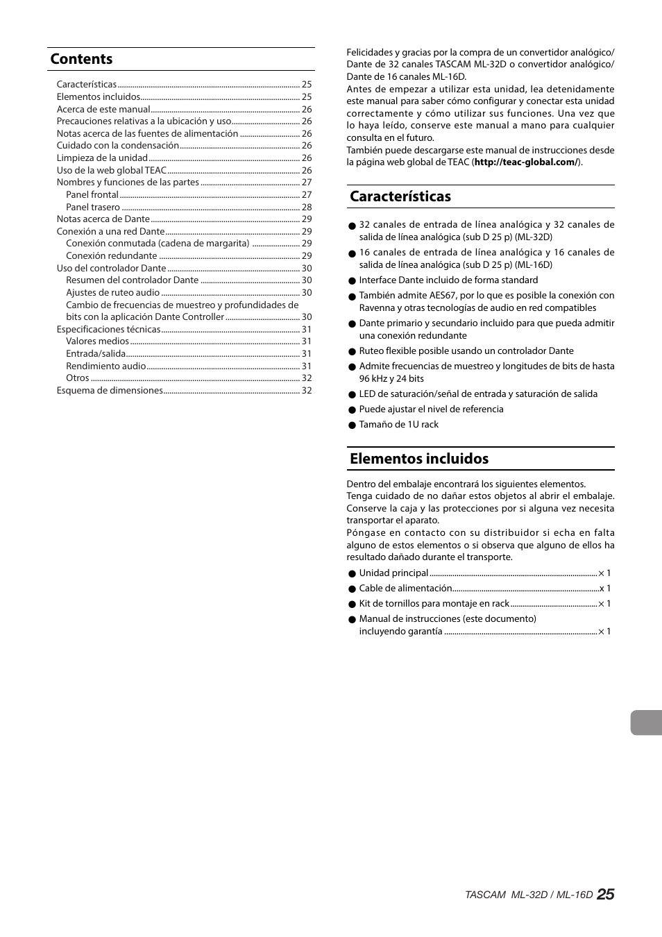 Español, Características, Elementos incluidos | 25 contents | Tascam ML-32D Dante / Analog Converter User Manual | Page 25 / 72